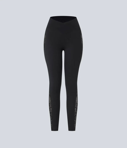SoftlyZero™ High Waisted Crossover Contrast Lace Pocket Yoga Leggings-UPF50+